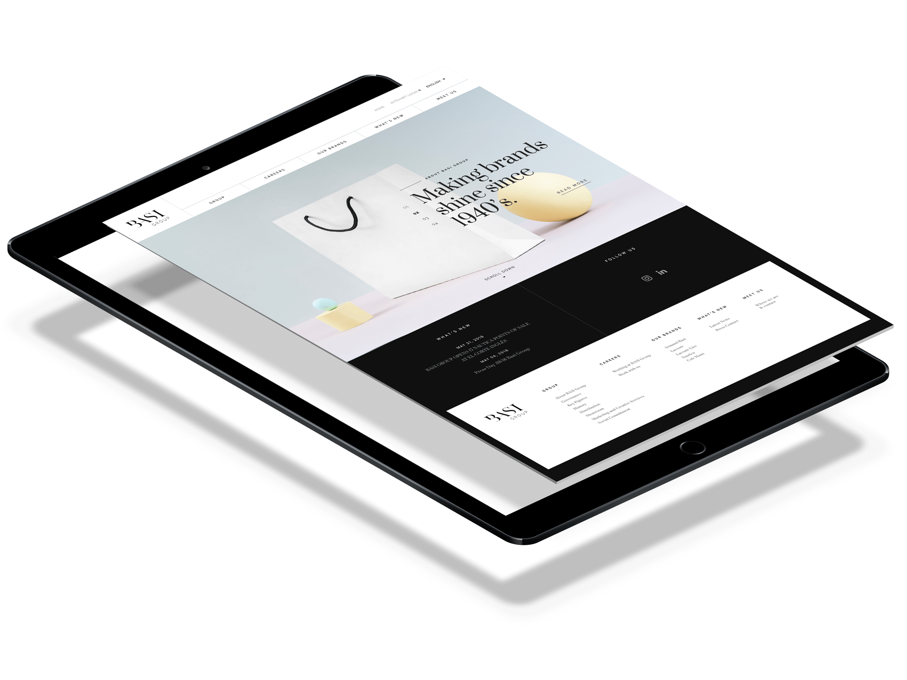 Basi Group corporate site: the homepage shown on a tablet.