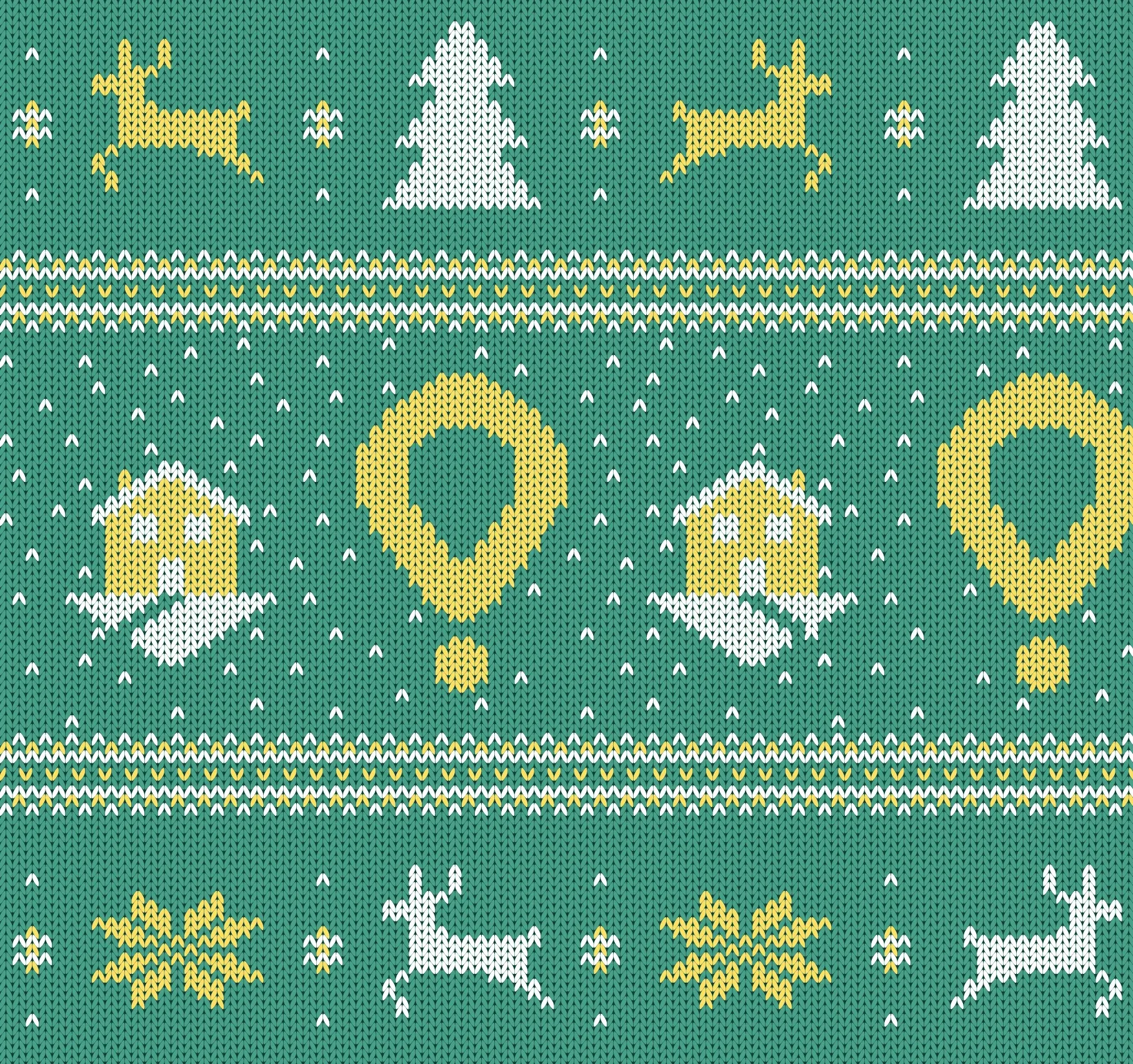 The knitted campaign pattern: the drawings knitted in yellow and cream on green wool.