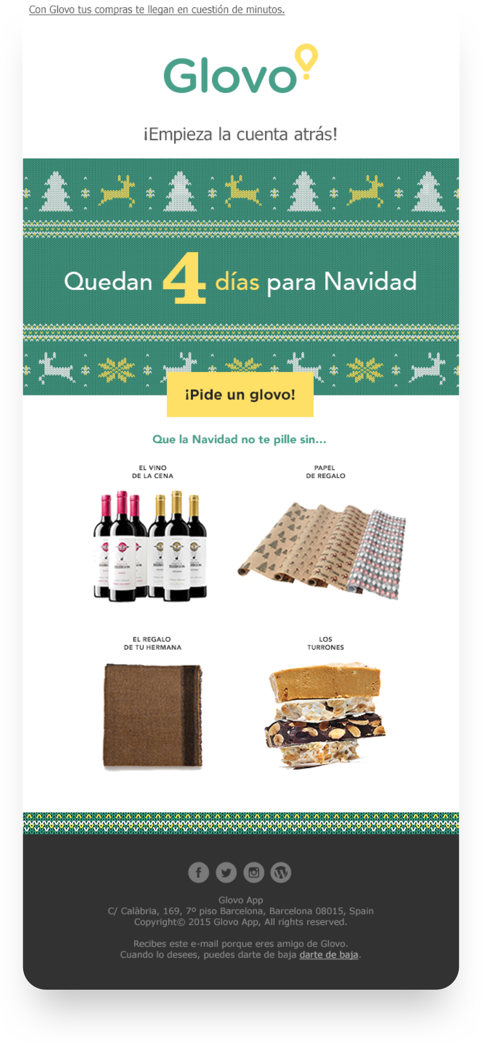 Glovo Christmas mailing, knitted countdown header reading '4 días para Navidad', a '¡Pide un glovo!' button, and a one-click list of last-minute items: wine, gift wrap, a wallet, turrón.