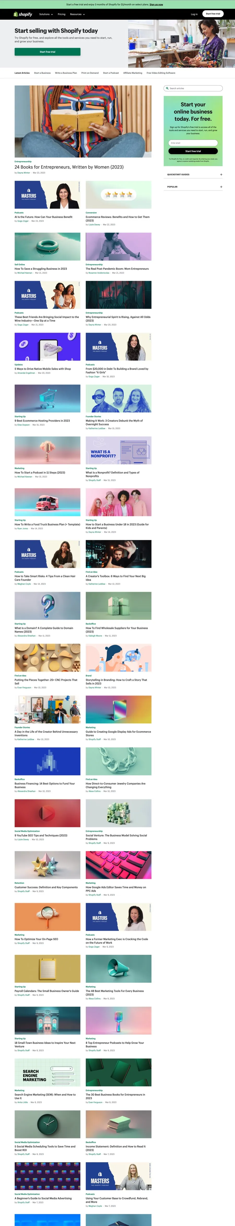 The old shopify.com/blog (archived March 2023): a long, uniform grid of equally-weighted article cards under a conversion banner