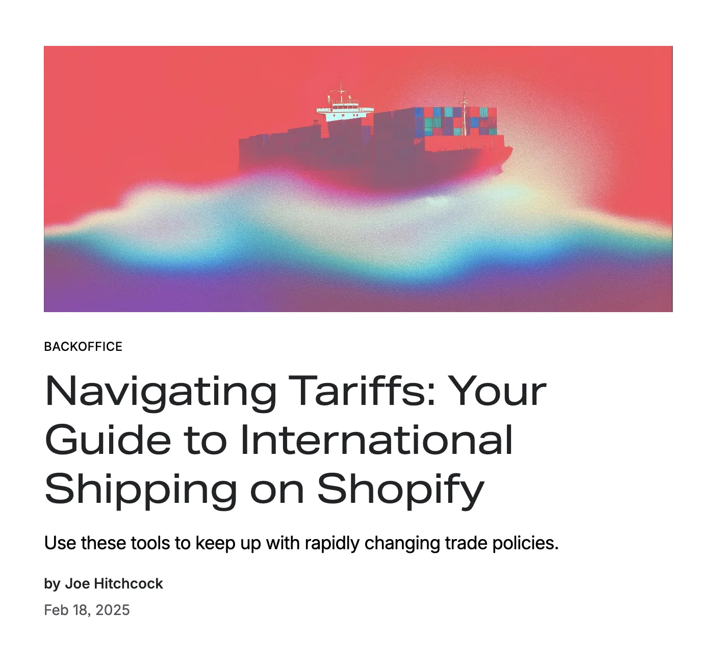 Featured story on shopify.com/blog, “Navigating Tariffs: Your Guide to International Shipping on Shopify”, headline set in Aktiv Grotesk Extended