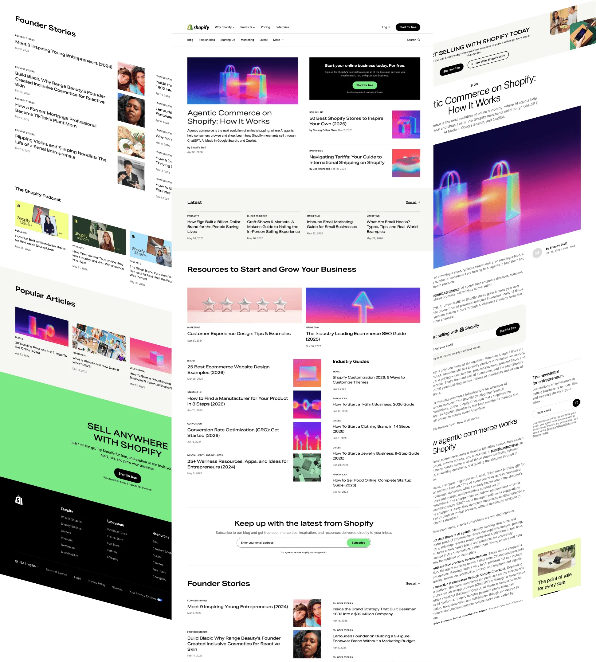 The redesigned shopify.com/blog, three pages fanned out: the front page, section feeds, and a featured article.