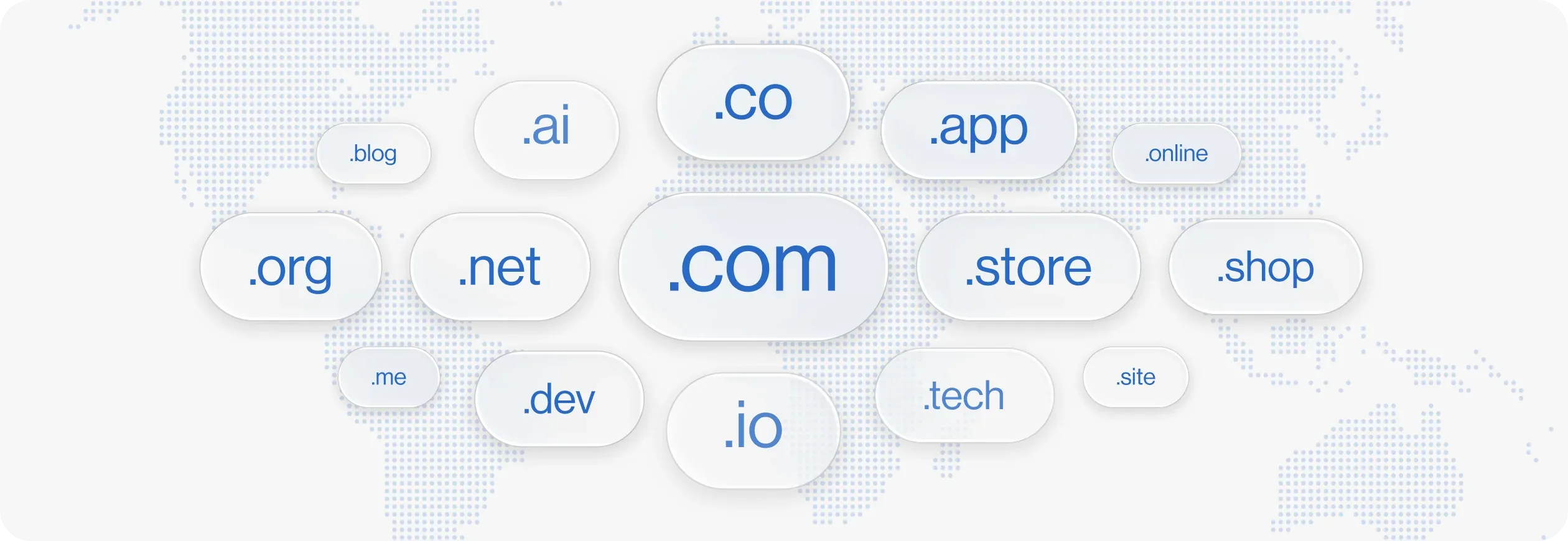 Shopify Domains extensions cloud: .com at center, surrounded by .org, .net, .ai, .co, .app, .store, .shop, .blog, .me, .dev, .io, .tech, .online, .site over a dotted world map.