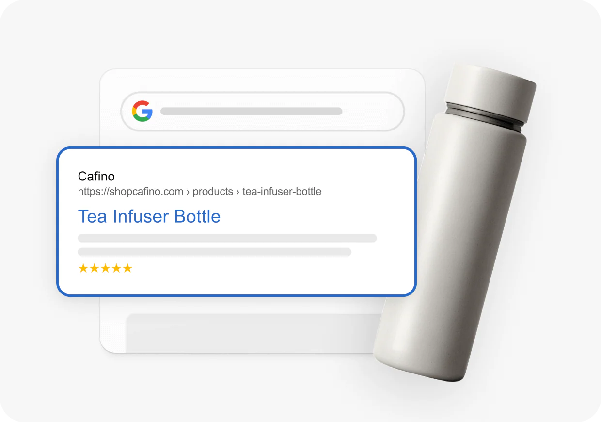 Google search result for Tea Infuser Bottle with five-star rating and product photo.
