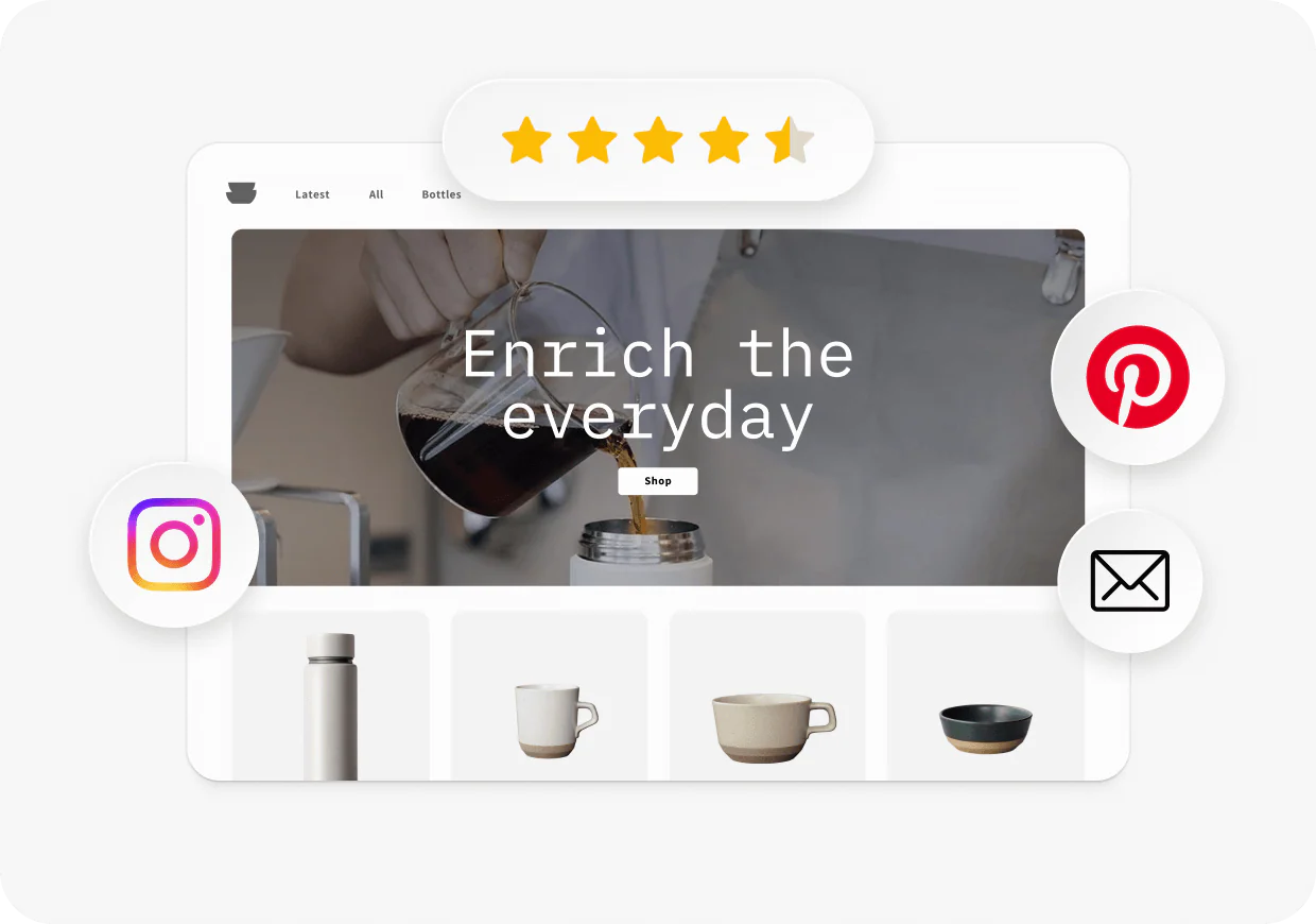 Cafino homepage with Instagram, Pinterest and email icons floating around it.