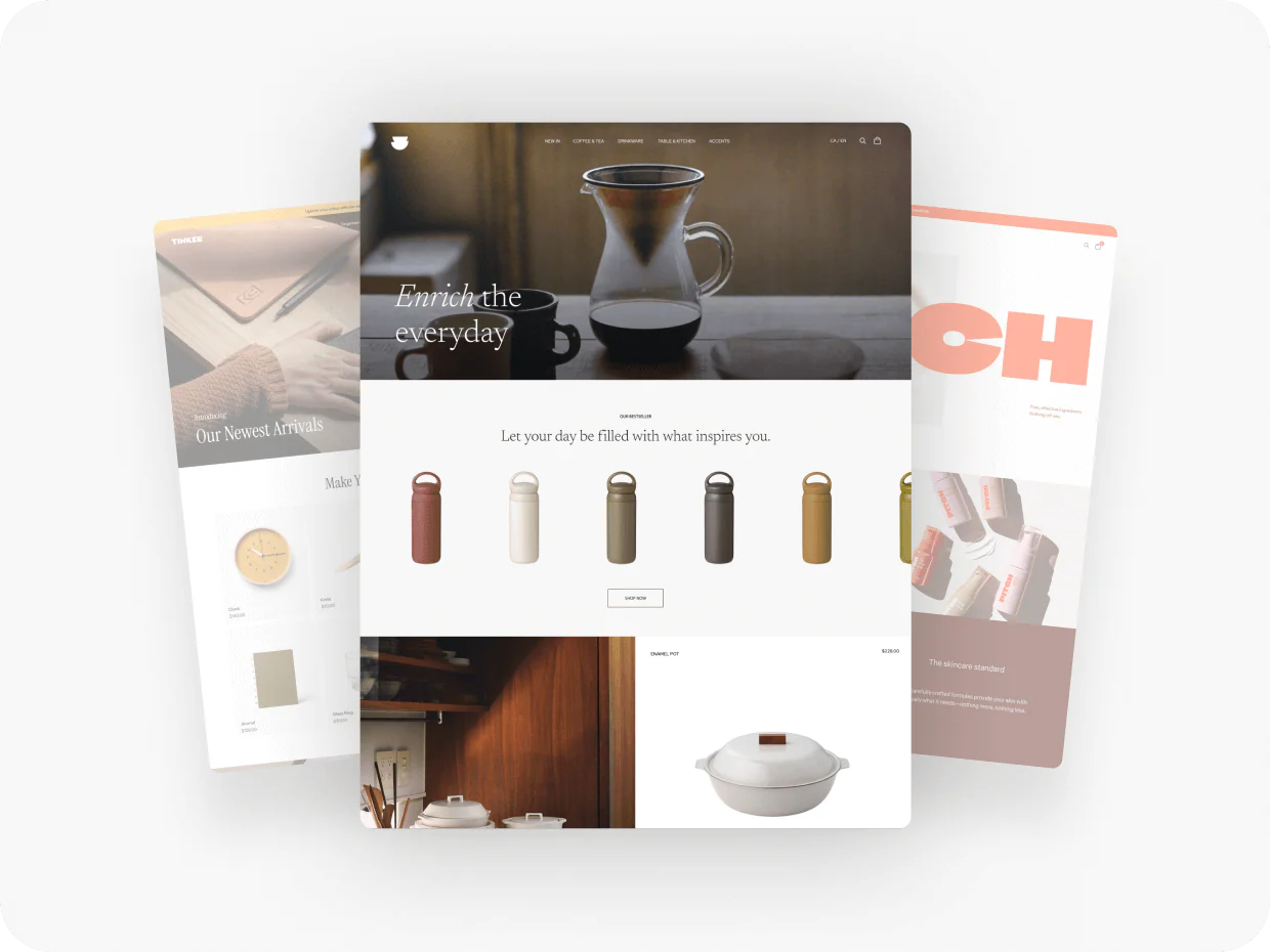 Three Shopify storefronts fanned out: stationery, homeware, cosmetics.