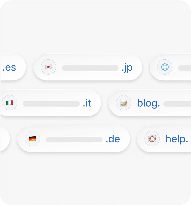 Domain search pills with country extensions: .es, .jp, .it, .de, blog., help.
