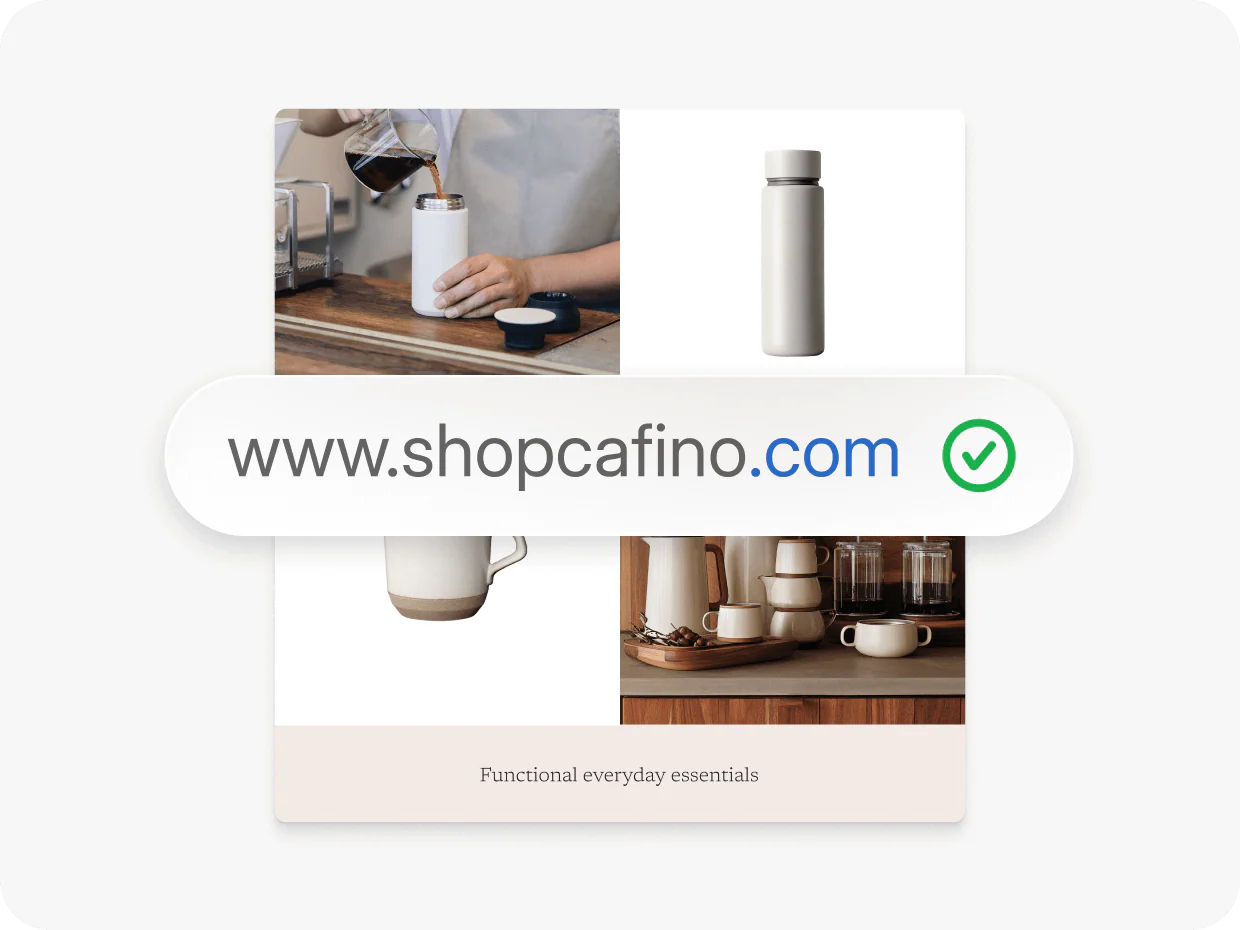Product collage with URL pill 'www.shopcafino.com' and green check.