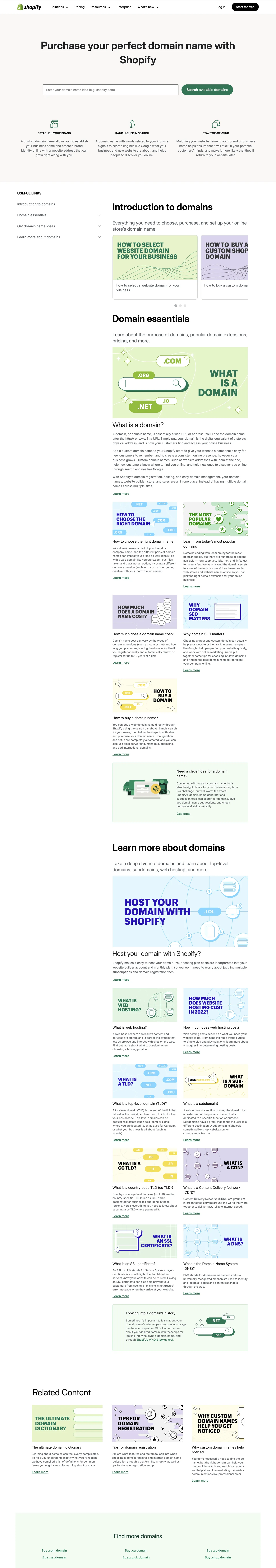 The previous shopify.com/domains: a long content hub of educational articles (What is a domain, What is a TLD, SSL) across 22 article cards, not a product page.
