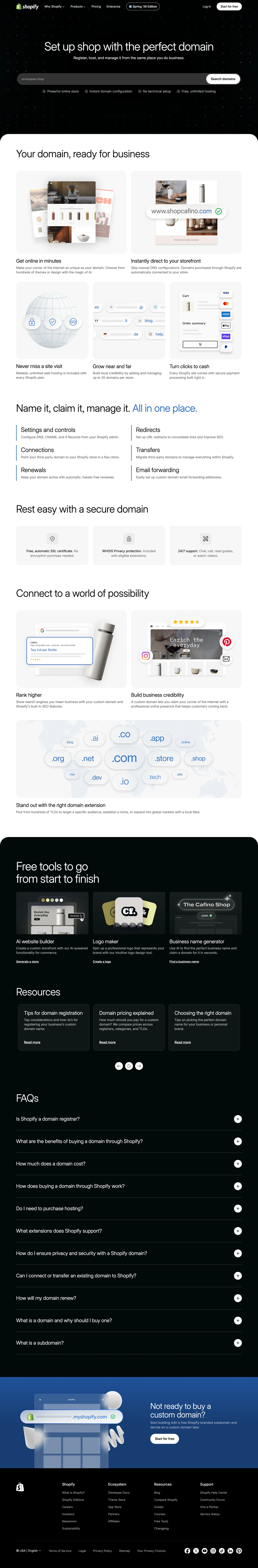The redesigned shopify.com/domains, live: headline 'Set up shop with the perfect domain', a wide search bar, and proof points for hosting, setup and support.