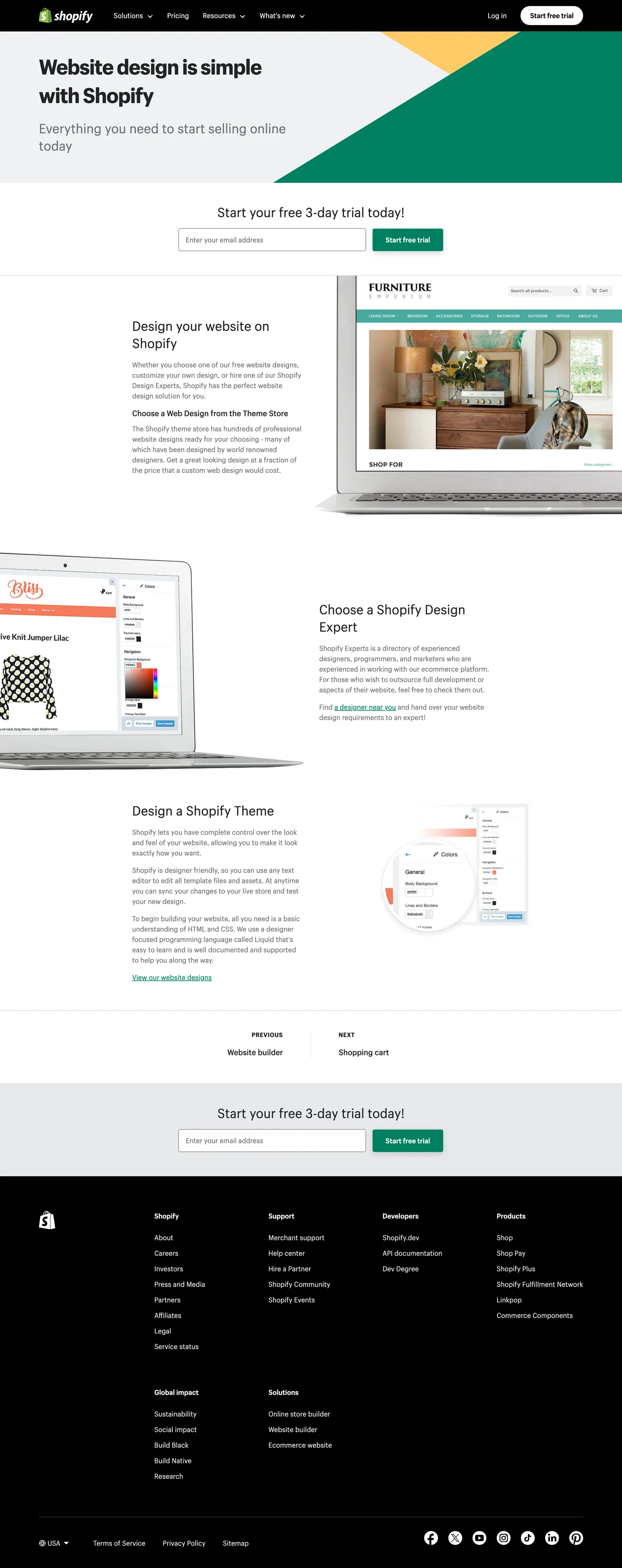 The previous shopify.com/website/design page: flat, generic layout before the 'design at the speed of thought' repositioning.